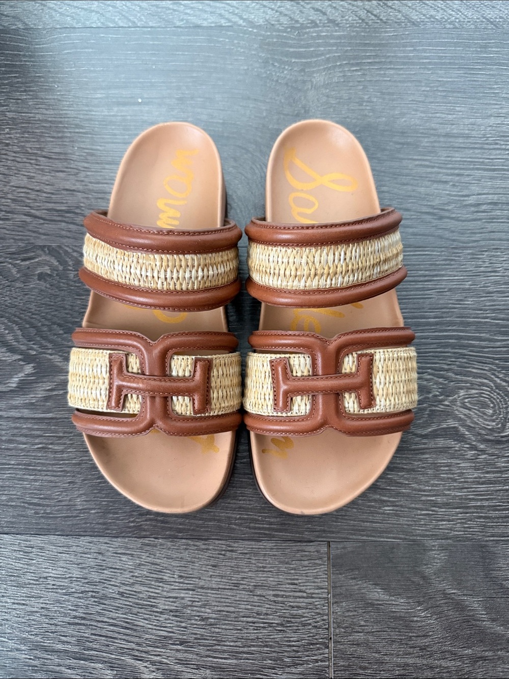 Sam Edelman Brown Raffia Double Strap Slide Sandals